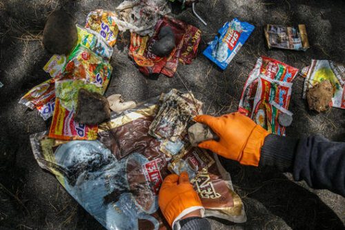 Sampah kemasan plastik yang ditemukan dan didata oleh relawan Greenpeace Indonesia di pantai Pandansari, Yogyakarta. Sumber: dokumentasi Greenpeace (media.greenpeace.org)