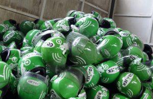 Discared GO-JEK helmets that will be handled by Waste4Change as a part of GO-JEK's Extended Producer Responsibility program.